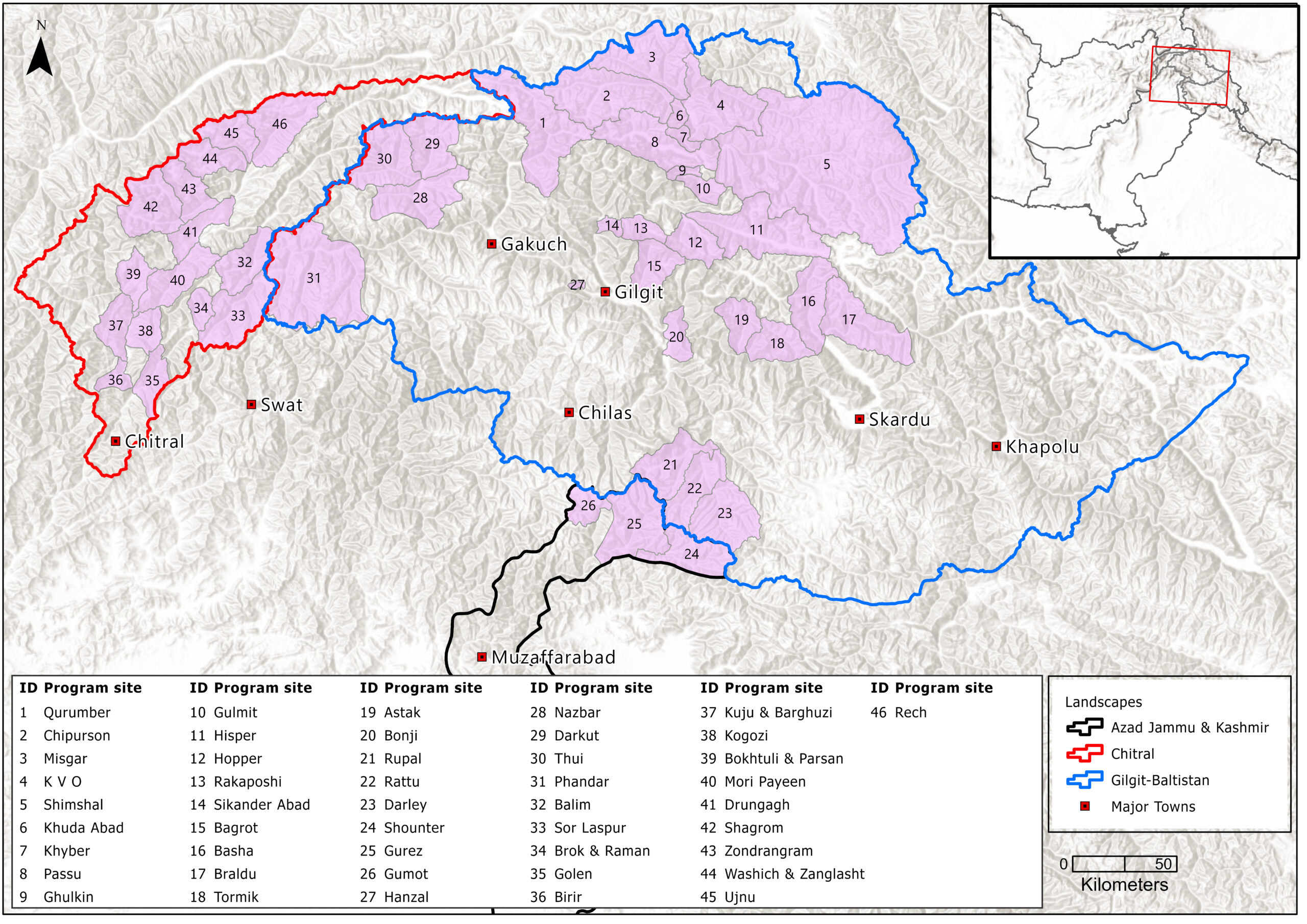 SLF Program Sites Map — Himalaya, Karakoram, and Hindukush ranges
